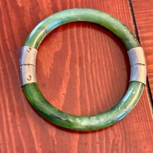 Jade Green Bangle Bracelet with Sterling Silver Hinge 1970s